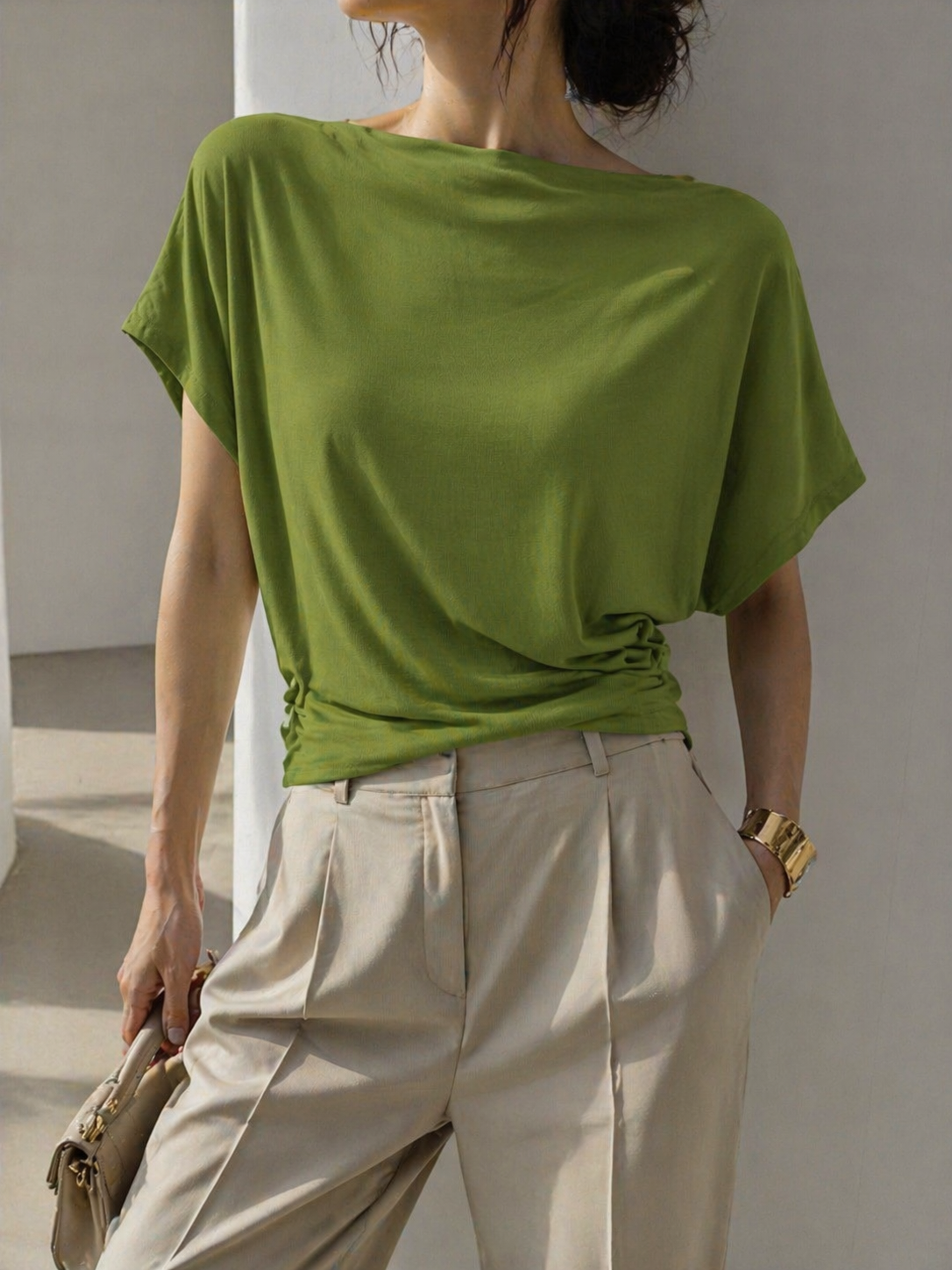 2337 Wilda Wide Neck Side Ruched Cap Sleeve Cotton Top (B 48-60cm; L 52cm)