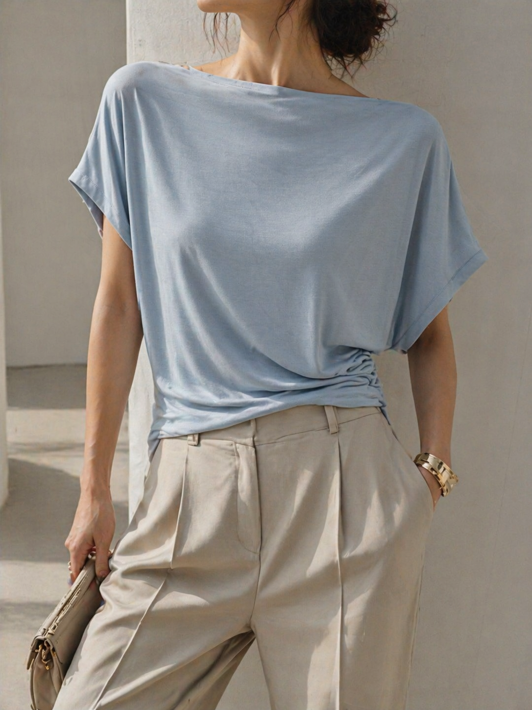2337 Wilda Wide Neck Side Ruched Cap Sleeve Cotton Top (B 48-60cm; L 52cm)