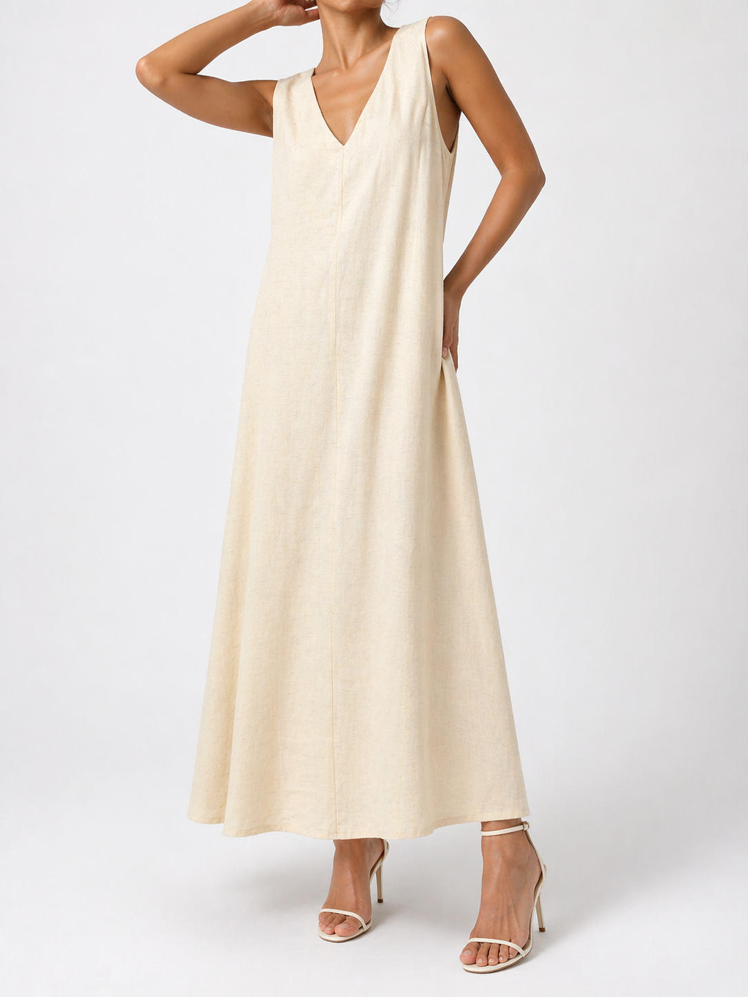 2205 Vendell V-Neck Halter Neck Linen Dress w Side Zipper & Pockets (B 46cm; H 58-60cm; L 128cm)