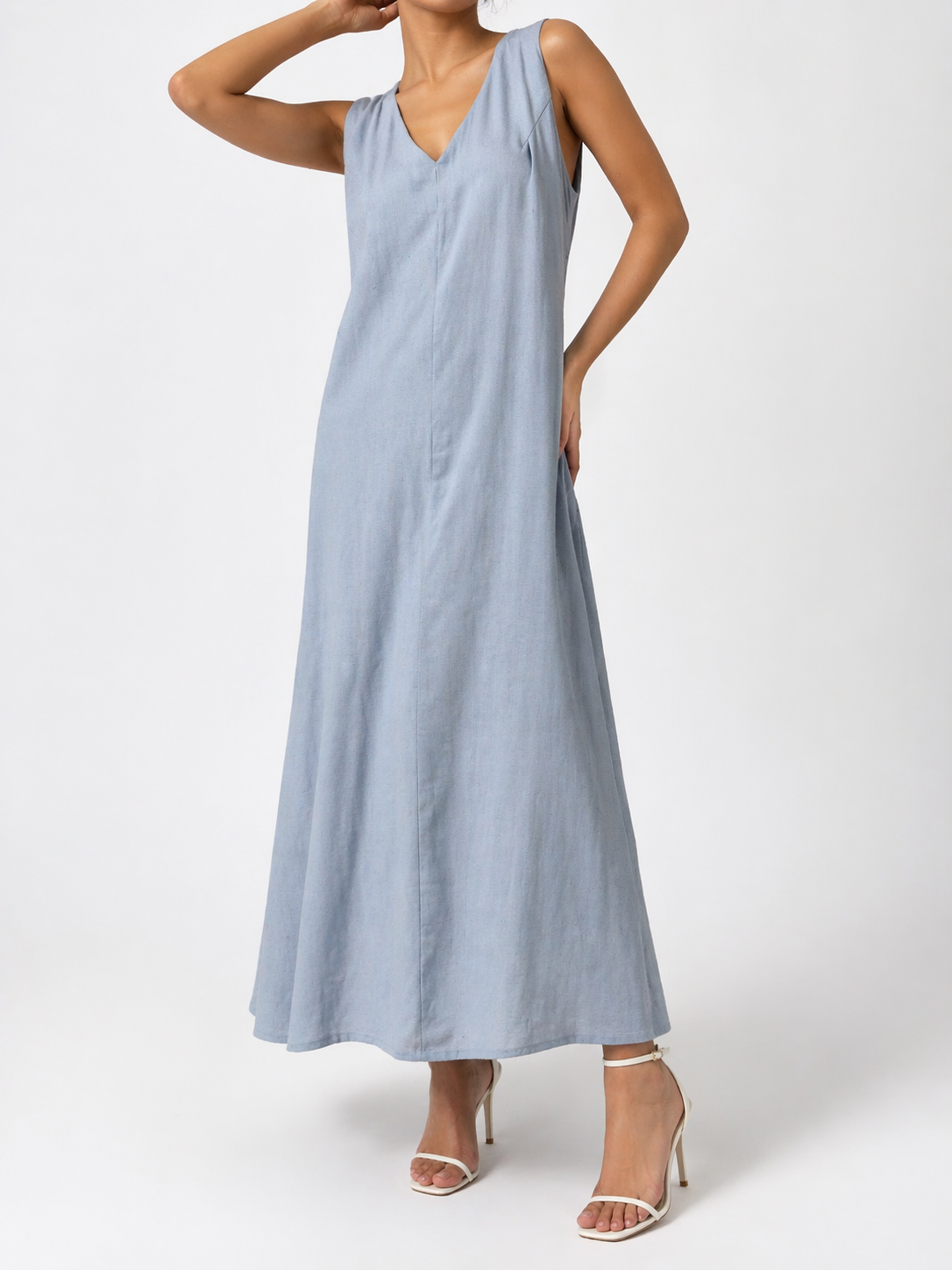 2205 Vendell V-Neck Halter Neck Linen Dress w Side Zipper & Pockets (B 46cm; H 58-60cm; L 128cm)