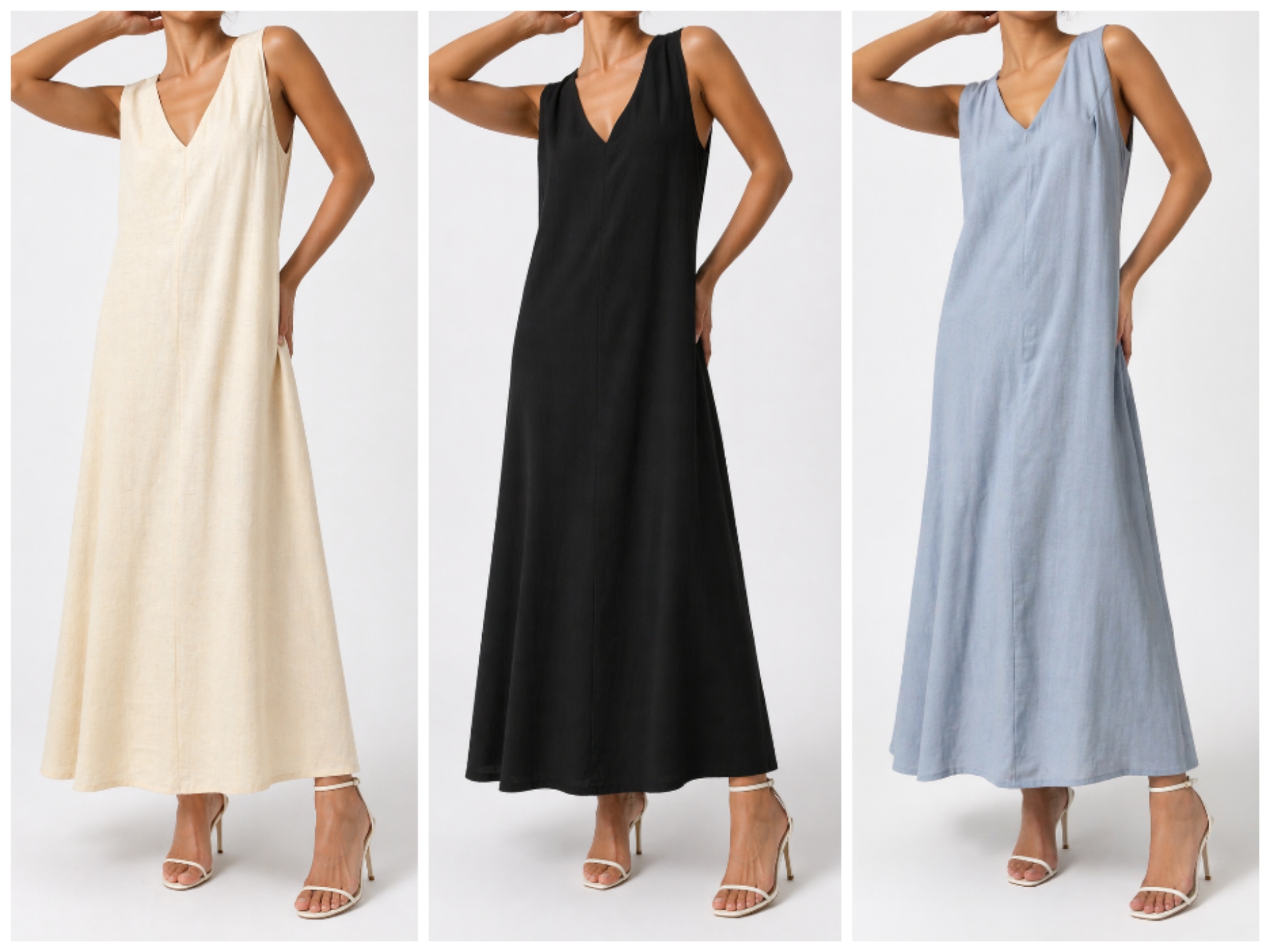 2205 Vendell V-Neck Halter Neck Linen Dress w Side Zipper & Pockets (B 46cm; H 58-60cm; L 128cm)