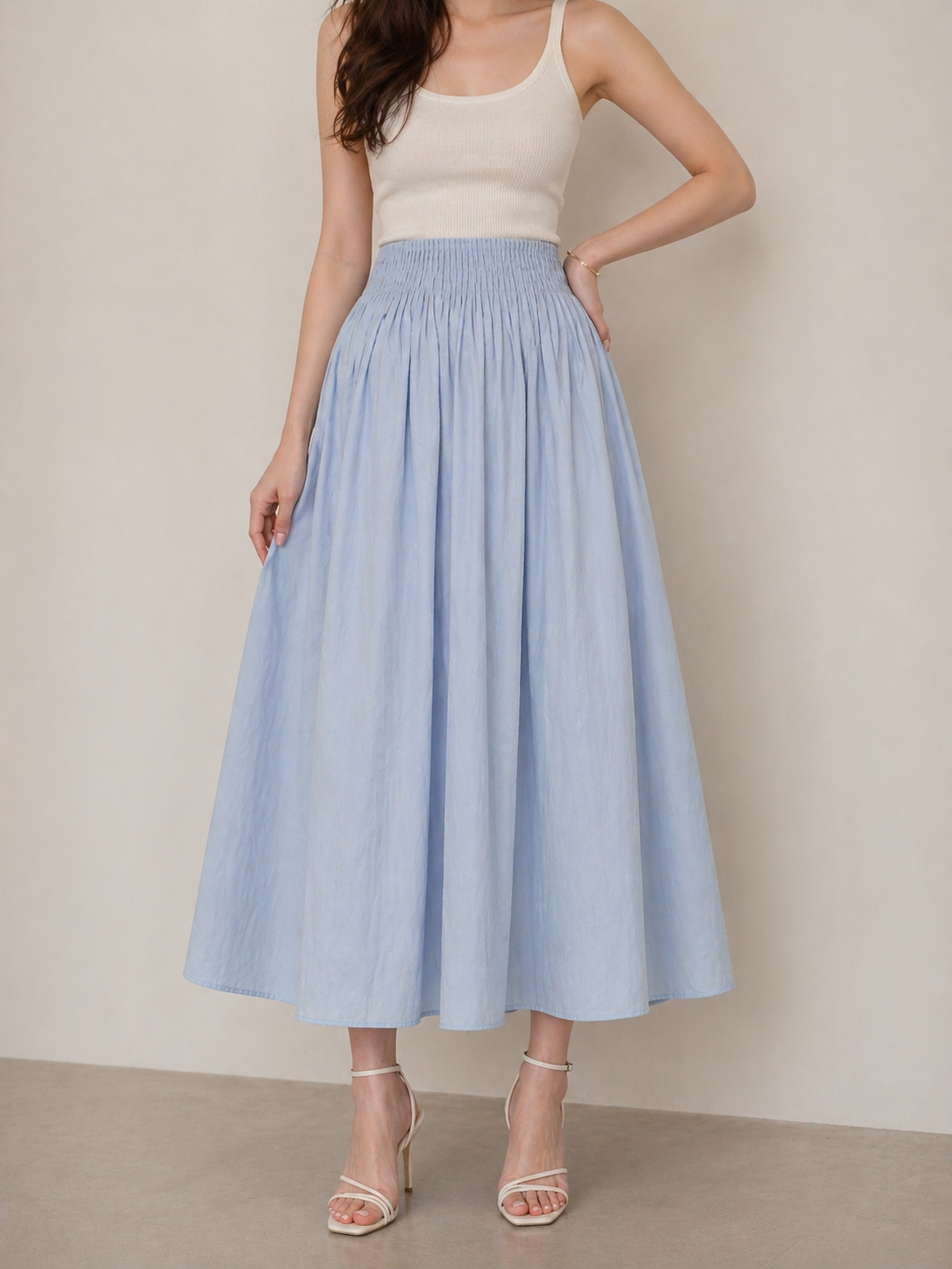 6803 Priscelle Half Elastic Pleated Waist Flared Skirt (UW 32-43cm; H 55-65cm; L 83cm)