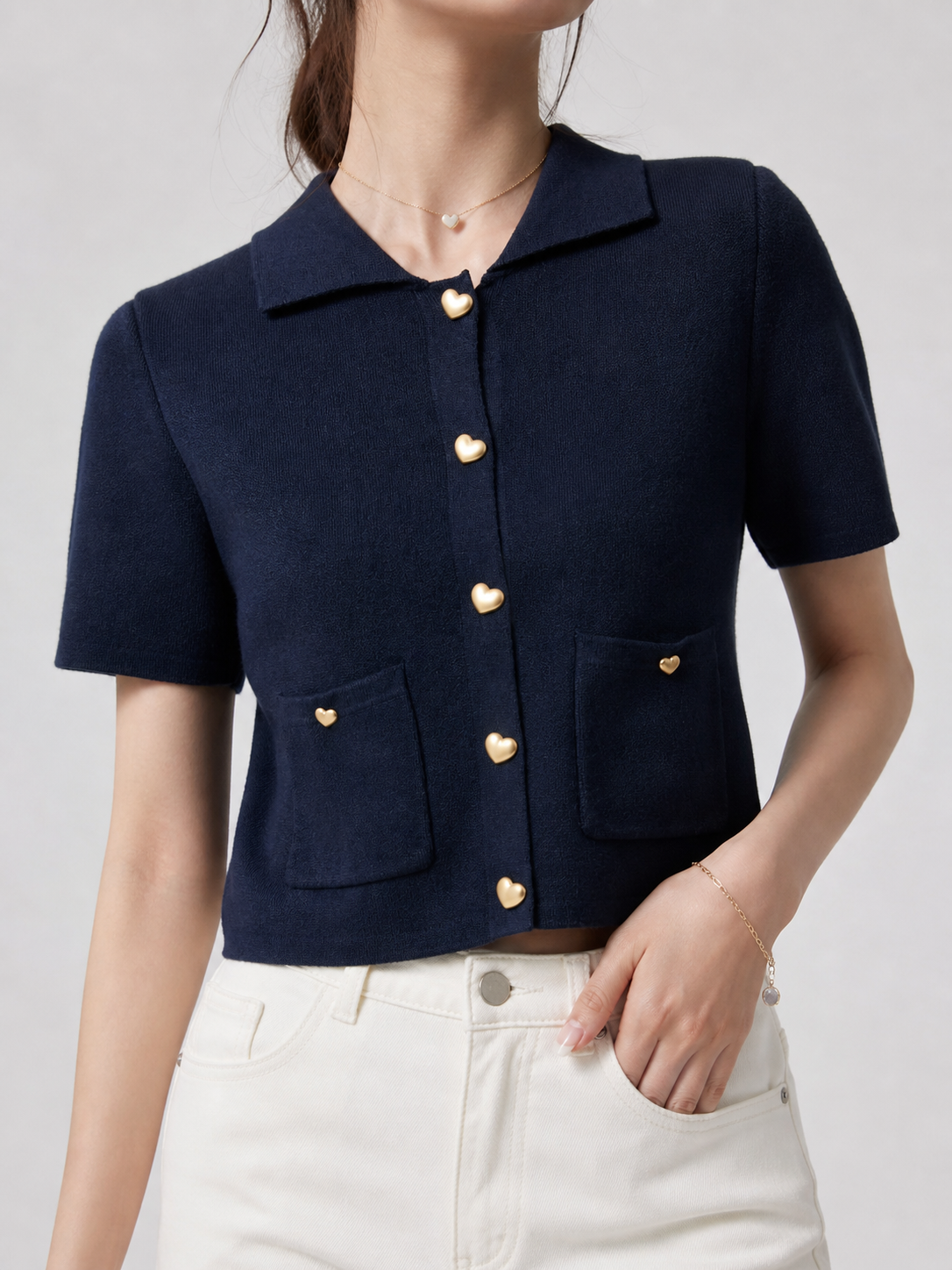 649 Bernedette Collared Short Sleeve Button Down Knit Top (B 44-49cm; L 47cm)