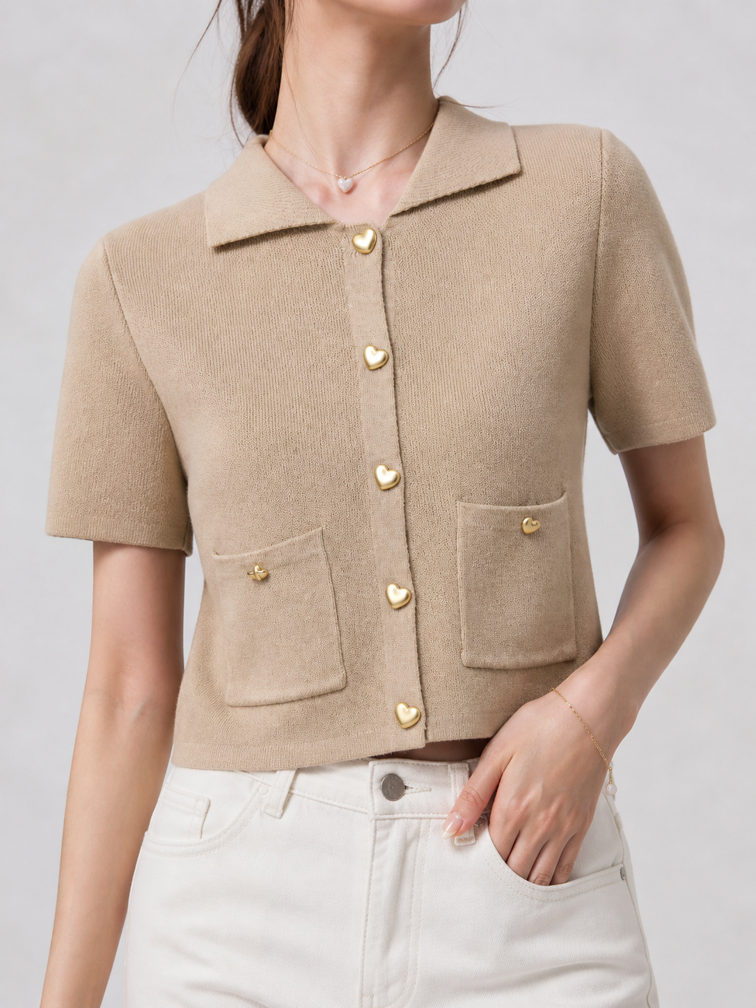 649 Bernedette Collared Short Sleeve Button Down Knit Top (B 44-49cm; L 47cm)