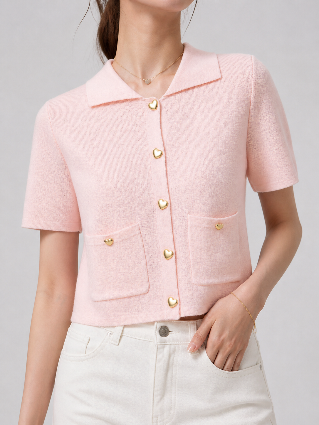 649 Bernedette Collared Short Sleeve Button Down Knit Top (B 44-49cm; L 47cm)