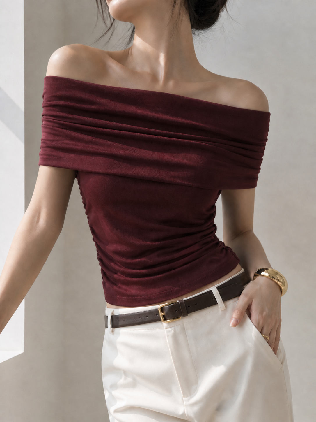 2533 Oliva Off Shoulder Side Ruched Cotton Top (B 38-58cm; L 45cm)