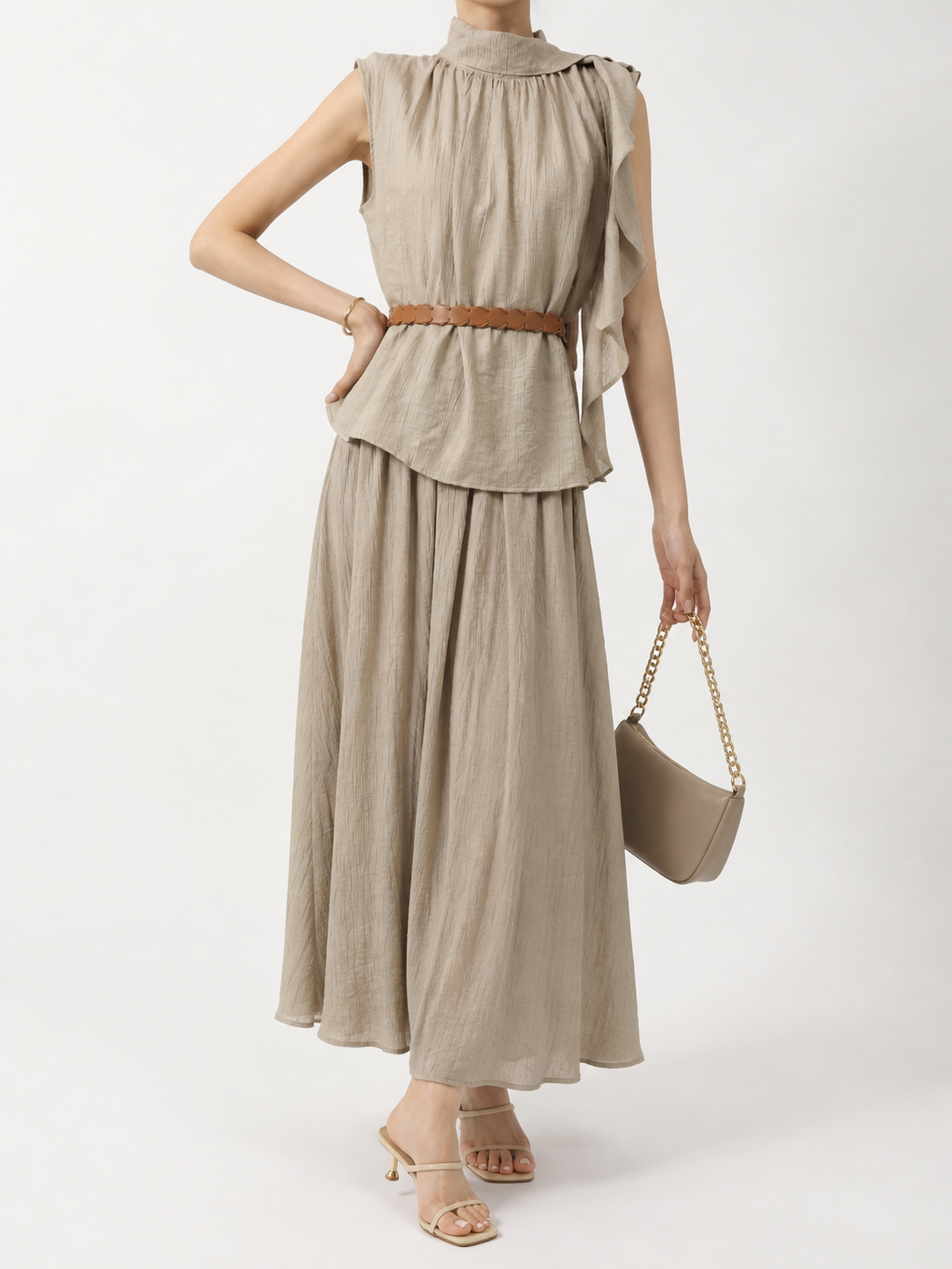 8933 Lindsay Linen Sleeveless Neck Sash Top & Side Zipper Flared Skirt Set (Top: B 69cm; L 57cm, Bottom: UW 36-42cm; H 60-70cm; L 90cm)