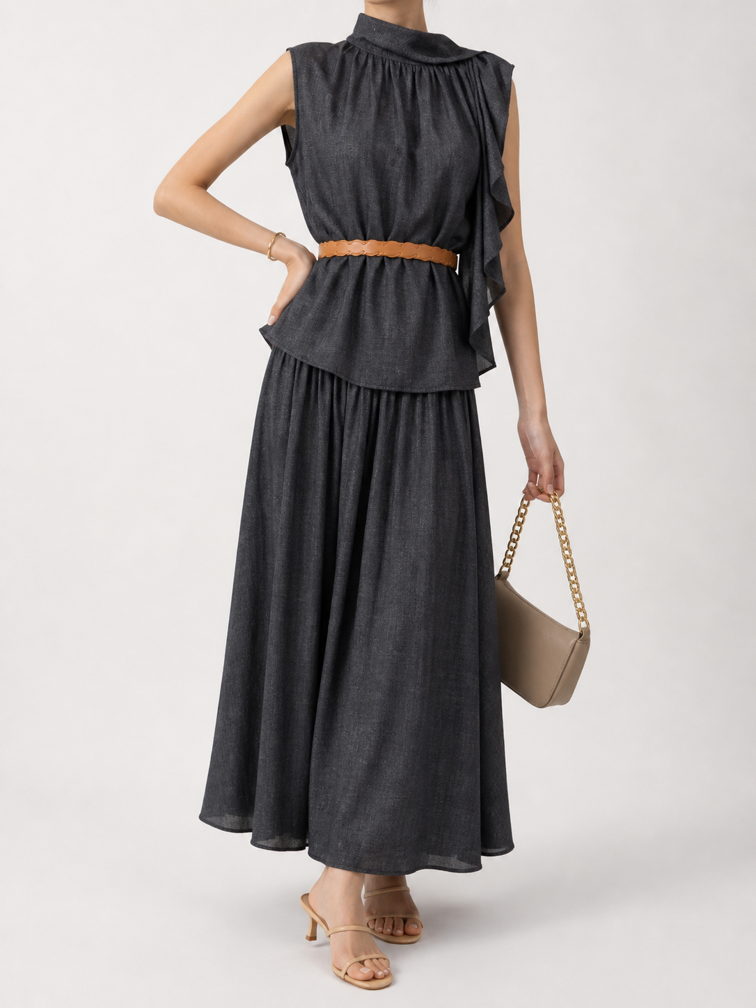 8933 Lindsay Linen Sleeveless Neck Sash Top & Side Zipper Flared Skirt Set (Top: B 69cm; L 57cm, Bottom: UW 36-42cm; H 60-70cm; L 90cm)