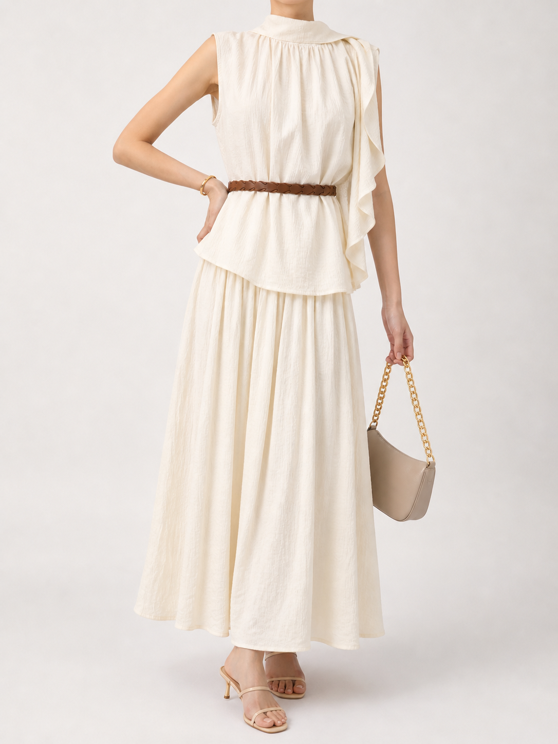 8933 Lindsay Linen Sleeveless Neck Sash Top & Side Zipper Flared Skirt Set (Top: B 69cm; L 57cm, Bottom: UW 36-42cm; H 60-70cm; L 90cm)