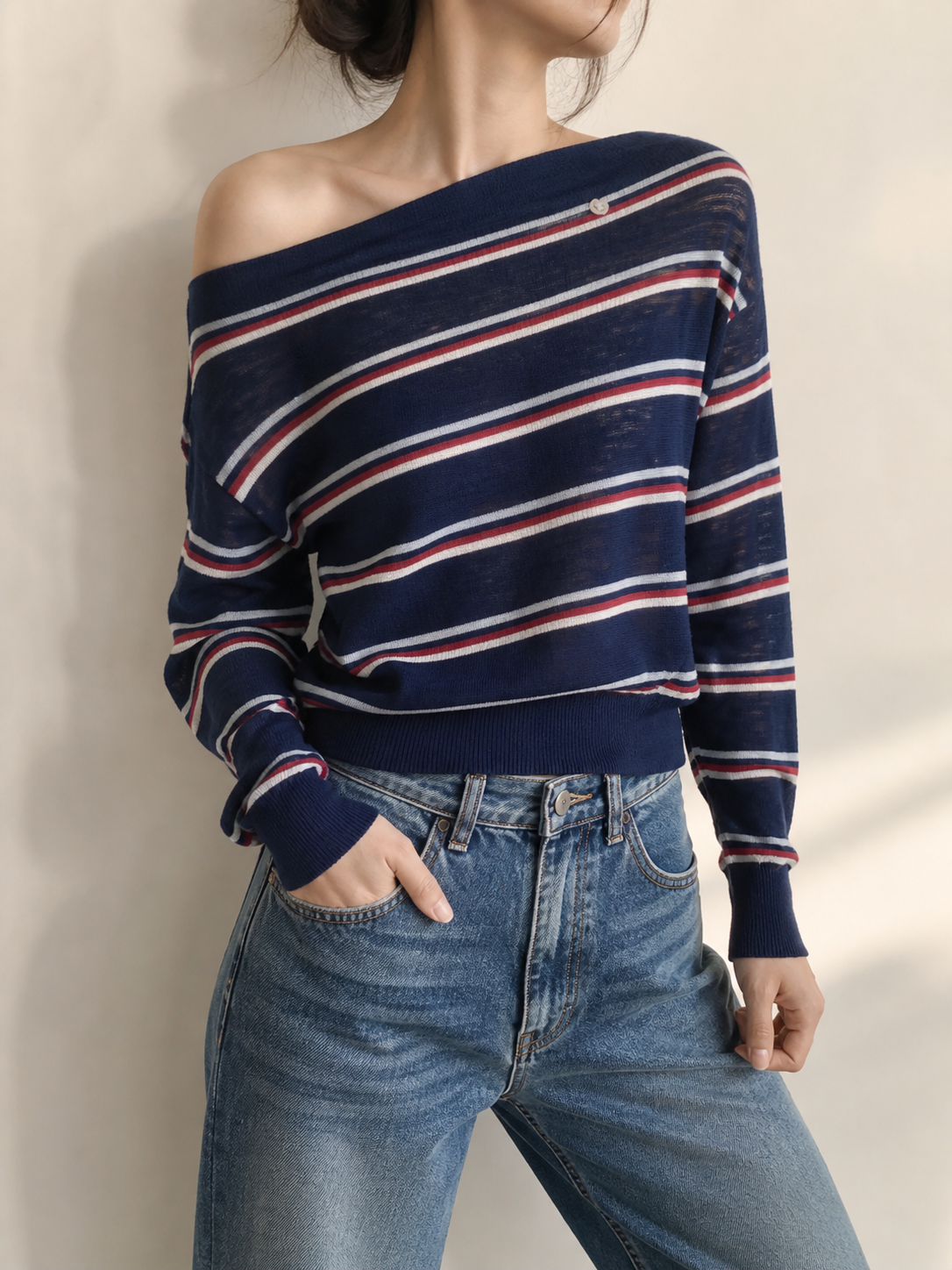 667 Stacy Wide Neck Striped Long Sleeve Knit Top (B 49-54cm; L 47cm)