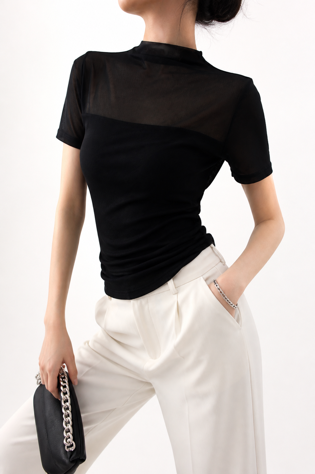 523 Mia Side Ruched High Neck Mesh Top (B 34-49cm; L 52cm)