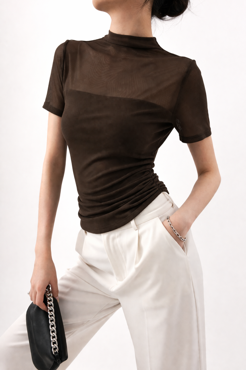 523 Mia Side Ruched High Neck Mesh Top (B 34-49cm; L 52cm)