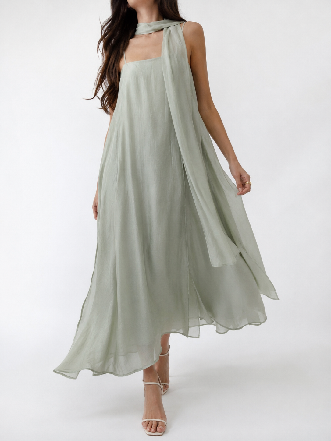 8910 Natalina Side Slits Back Zipper Spaghetti Strap Linen Dress w Neck Sash (B 43cm; H 68cm; L 119cm)