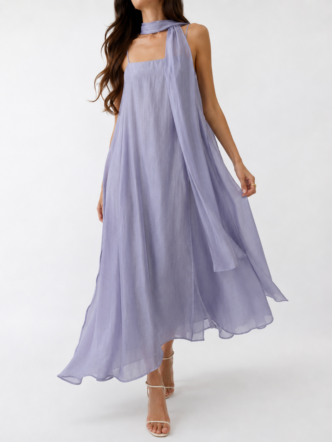 8910 Natalina Side Slits Back Zipper Spaghetti Strap Linen Dress w Neck Sash (B 43cm; H 68cm; L 119cm)