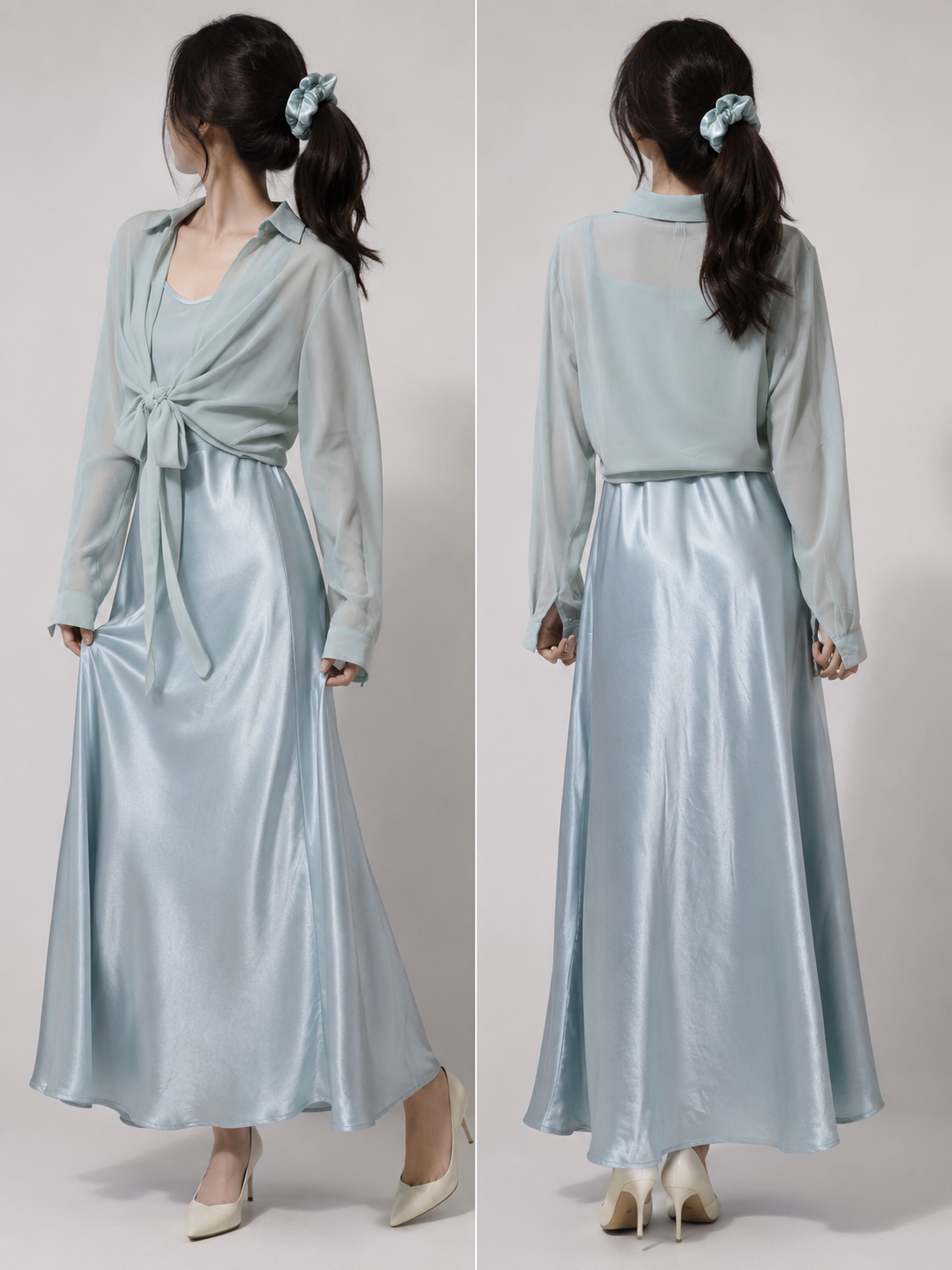 8856 Sansa Spaghetti Strap Satin Dress & Chiffon Blouse Set w Matching Scrunchy (Dress: B 44-50cm; H 60-65cm; L 126cm, Blouse: B 55cm; L 47cm)