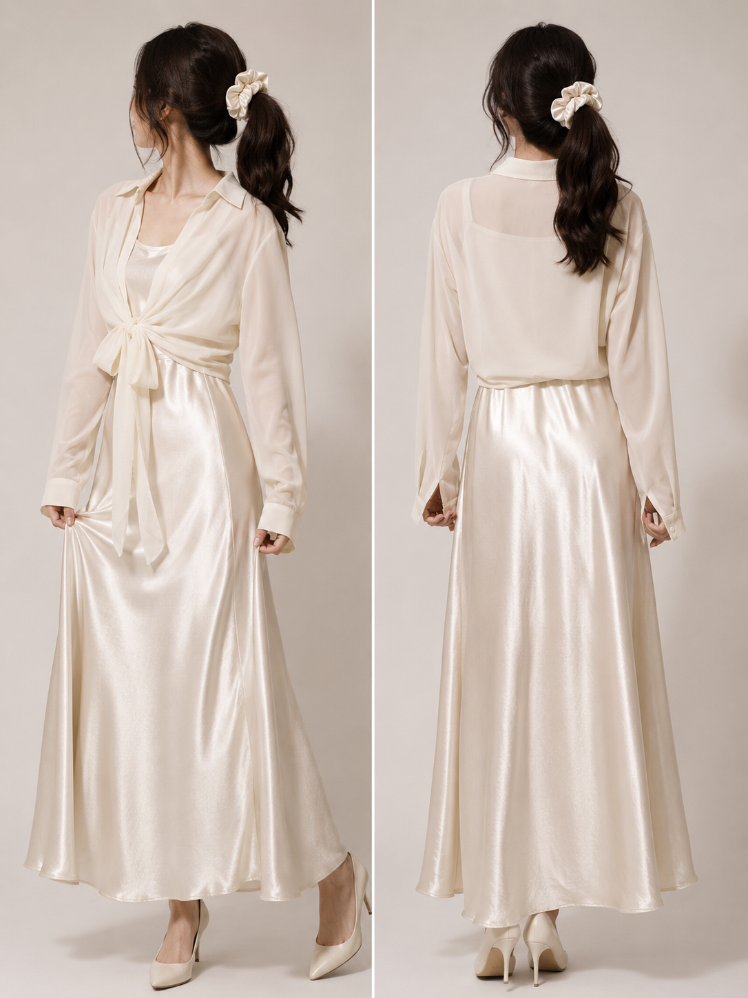 8856 Sansa Spaghetti Strap Satin Dress & Chiffon Blouse Set w Matching Scrunchy (Dress: B 44-50cm; H 60-65cm; L 126cm, Blouse: B 55cm; L 47cm)