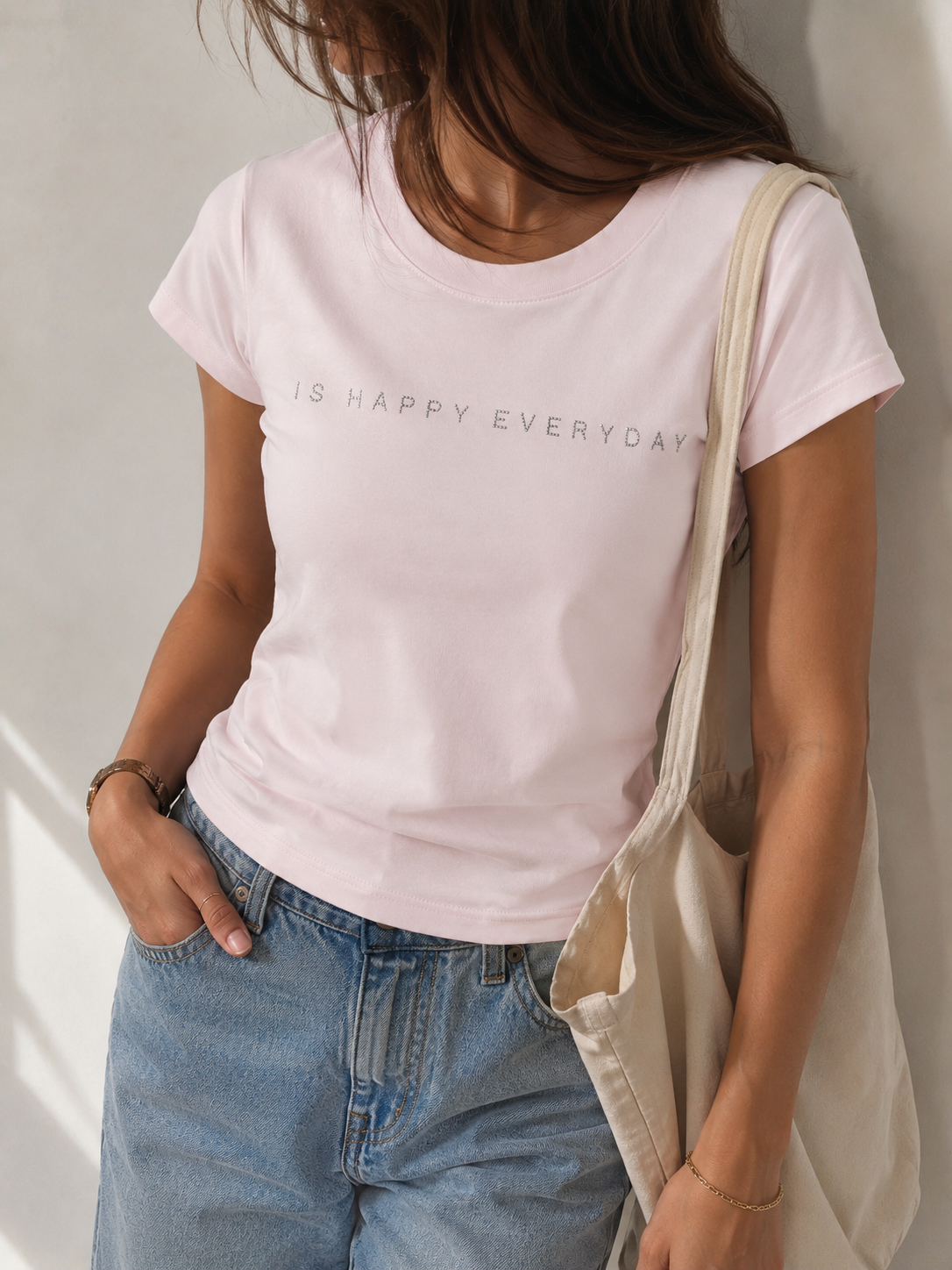 3618 Is Happy Everyday Rhinestone Embellished Fitted Cotton Top (B 38-49cm; L 51cm)
