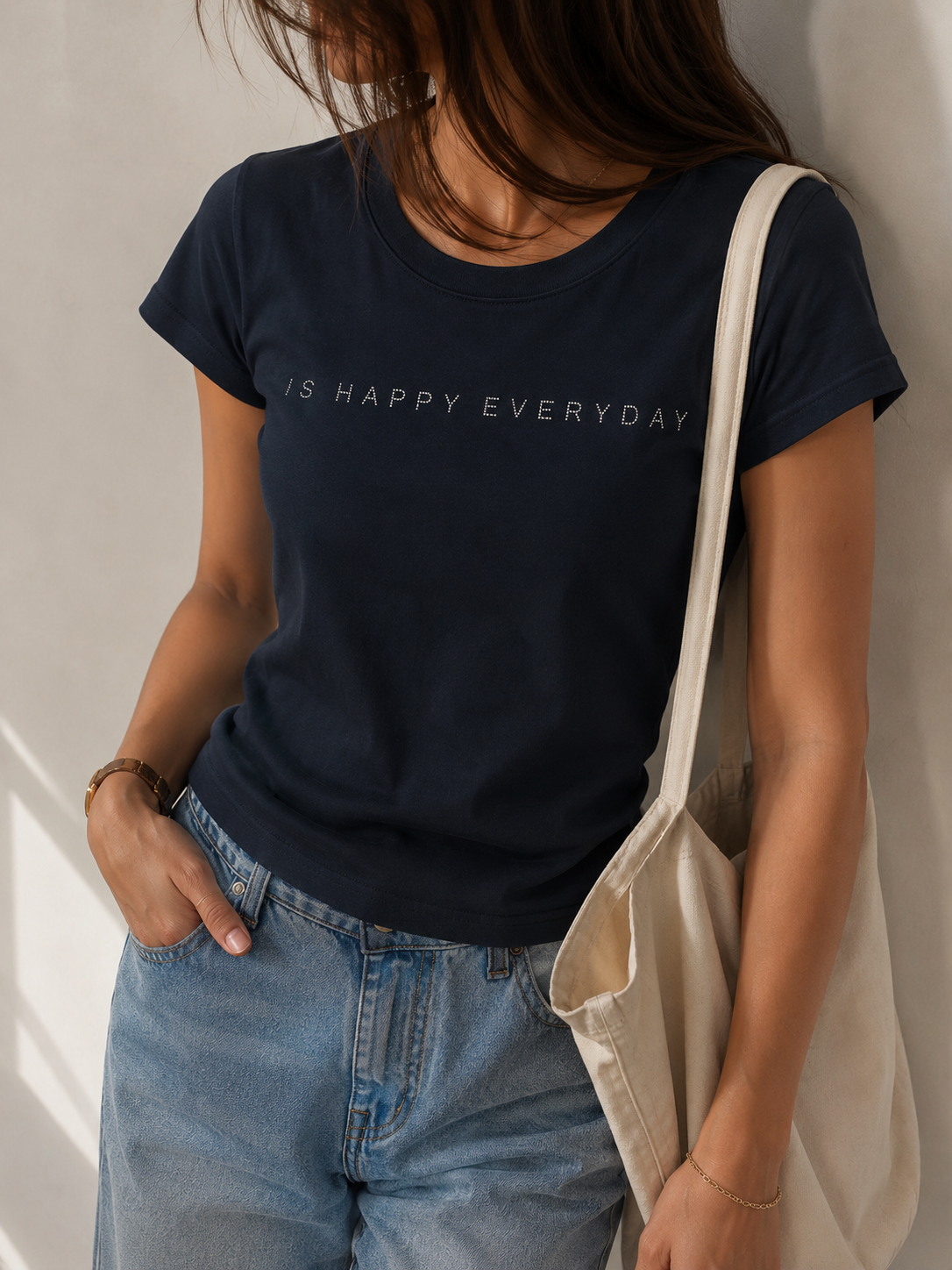 3618 Is Happy Everyday Rhinestone Embellished Fitted Cotton Top (B 38-49cm; L 51cm)