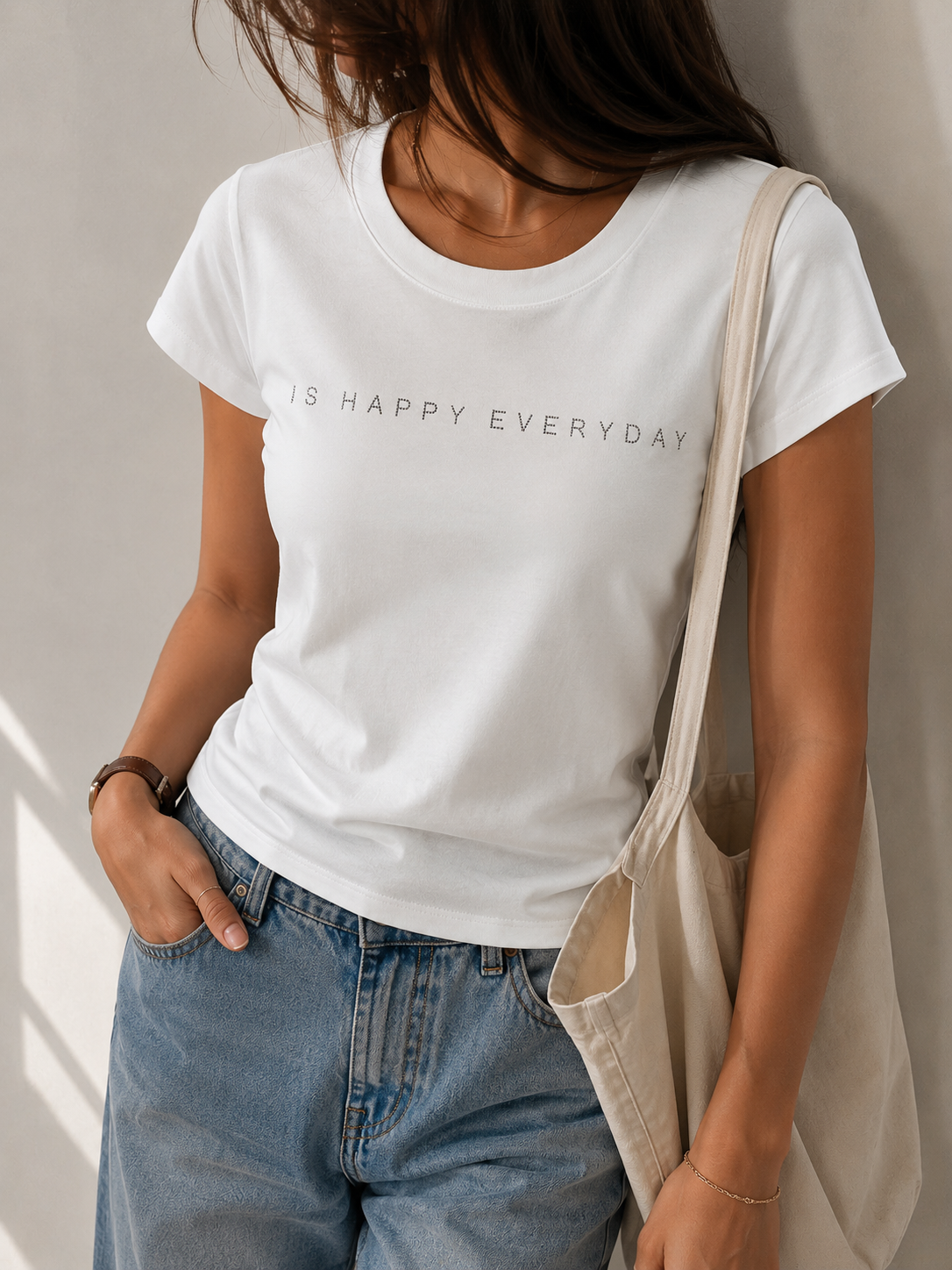 3618 Is Happy Everyday Rhinestone Embellished Fitted Cotton Top (B 38-49cm; L 51cm)