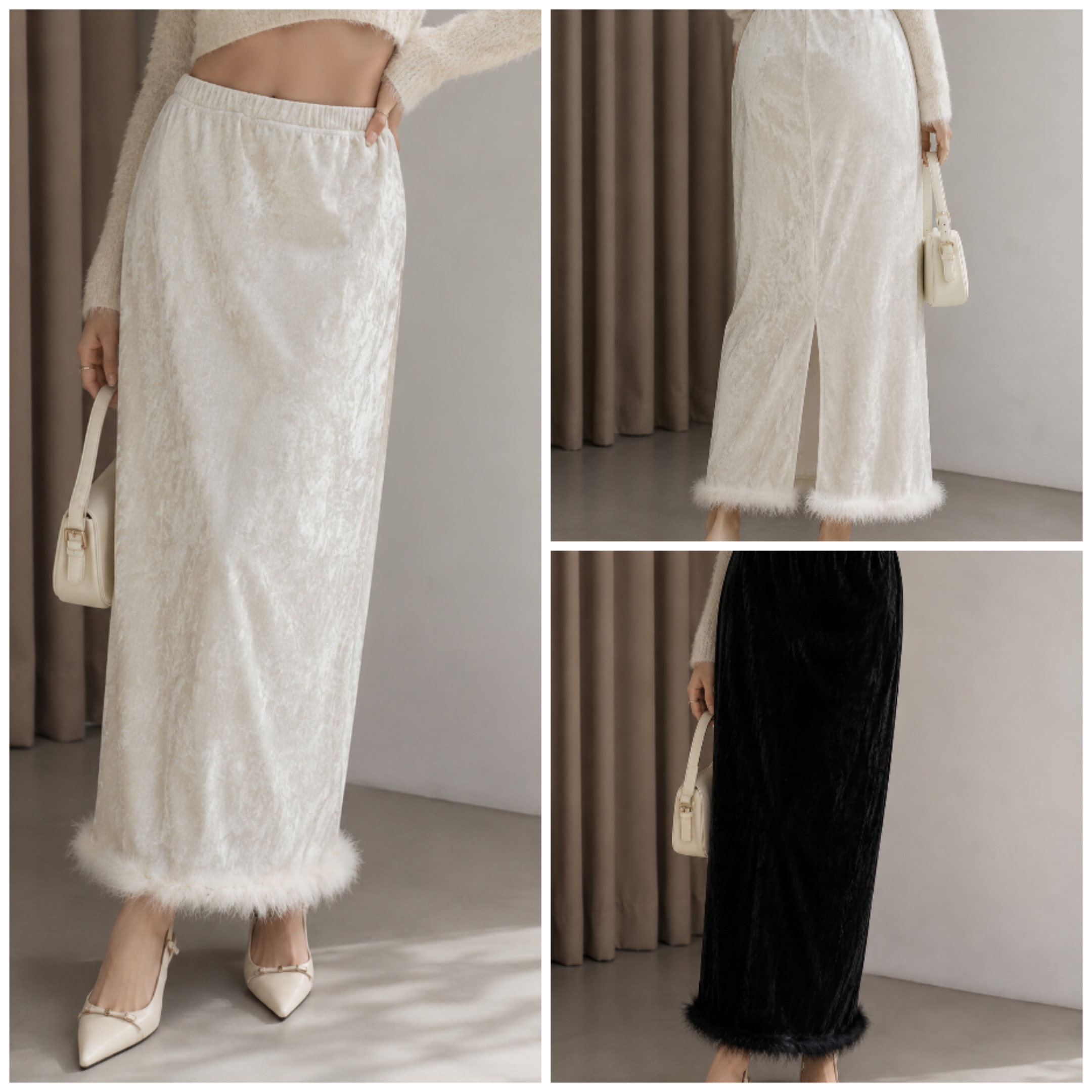 1859 Vichelle Furry Hem Velvet Skirt w Back Slit (UW 33-43cm; H 45-50cm; L 90cm)
