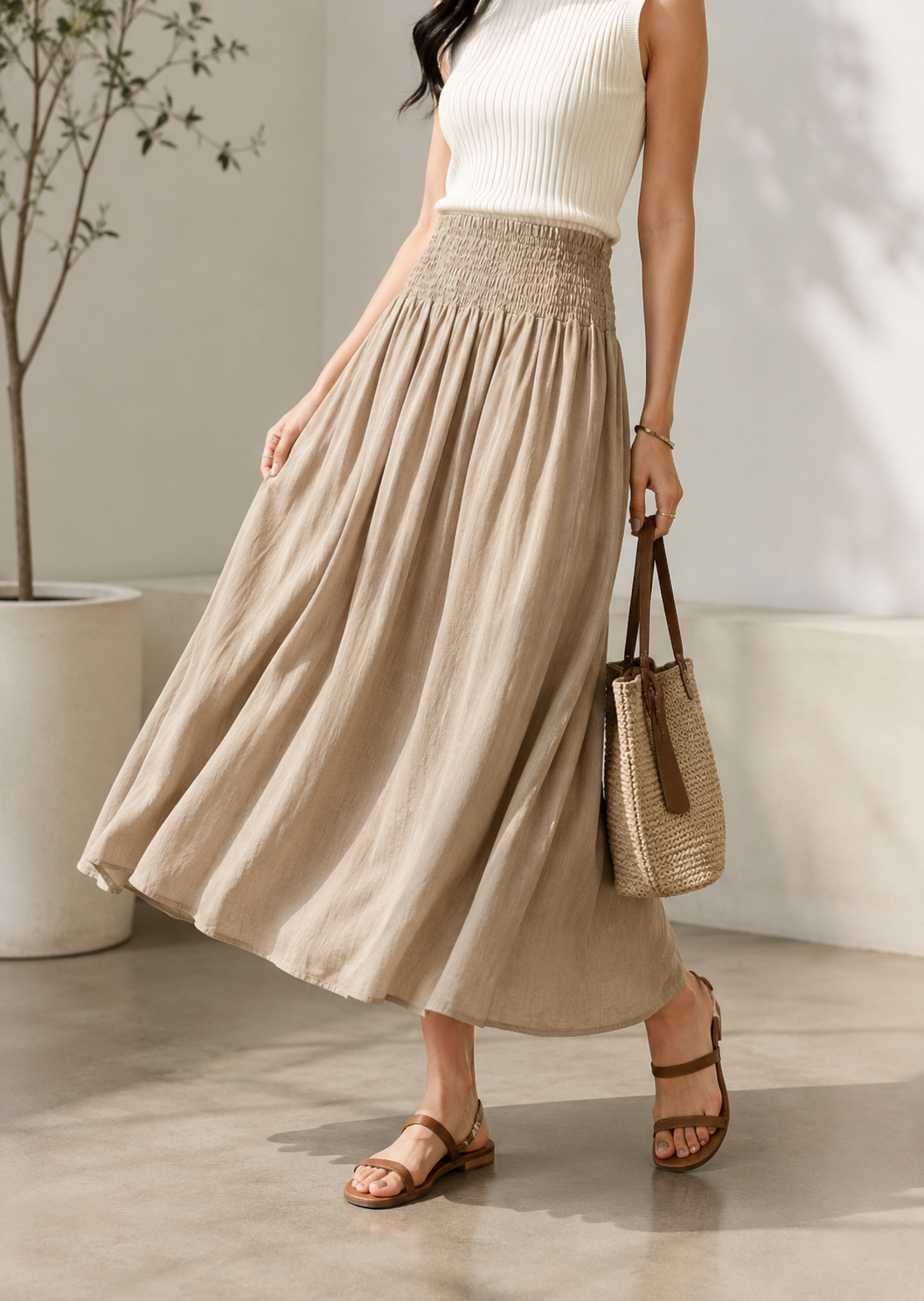 23901 Wellinia Wide Elastic Waist Flared Linen Skirt (UW 28-53cm; H FS; L 80cm)