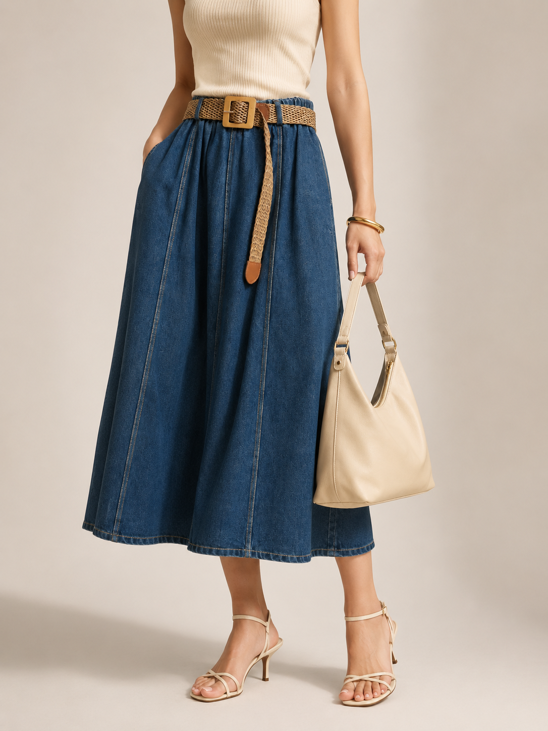 2666 Ameryn A-Line Elastic Waist Denim  Skirt w Belt & Pockets (UW 33-49cm; H 67cm; L 85cm)