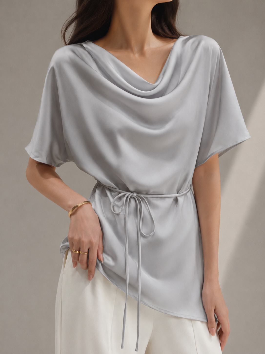F8205 Savill Tie-Waist Cowl Neck Satin Top (B 52-54cm; L 60cm)