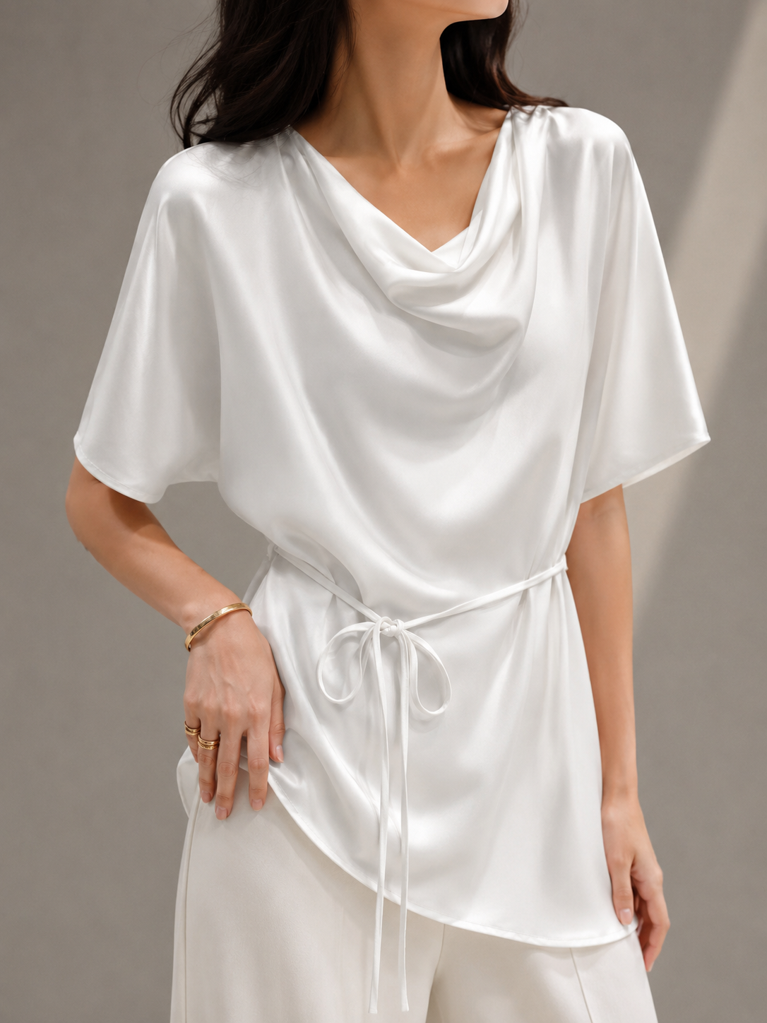 F8205 Savill Tie-Waist Cowl Neck Satin Top (B 52-54cm; L 60cm)