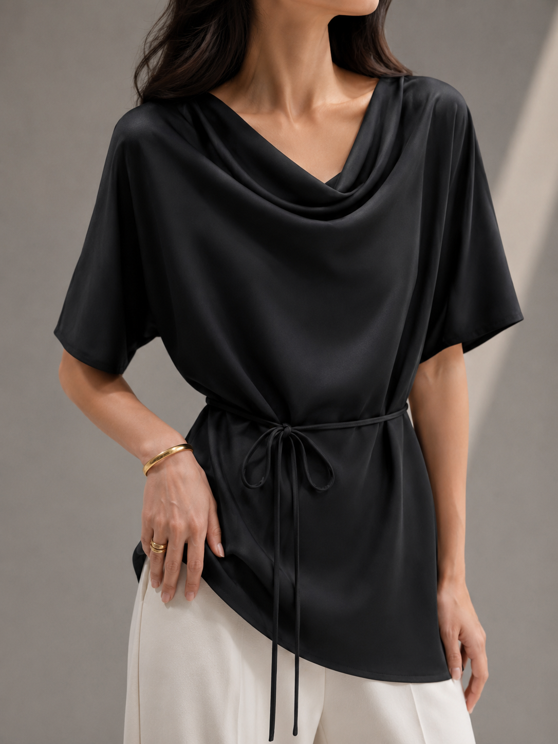 F8205 Savill Tie-Waist Cowl Neck Satin Top (B 52-54cm; L 60cm)