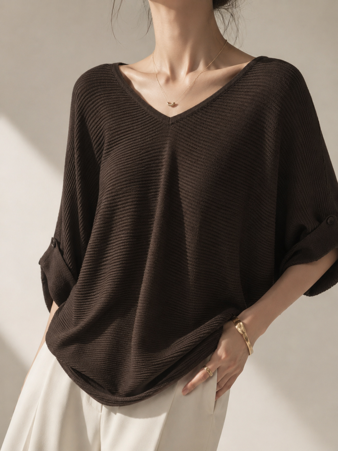 13298 Varin V-Neck Horizontal Ribbed Cooling Knit Top (B FS; L 50cm)