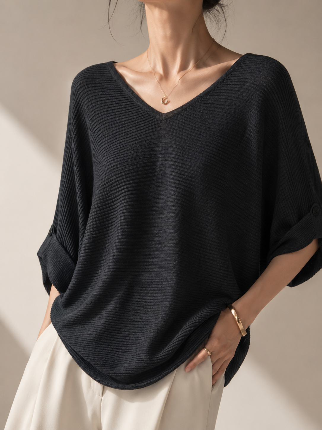 13298 Varin V-Neck Horizontal Ribbed Cooling Knit Top (B FS; L 50cm)