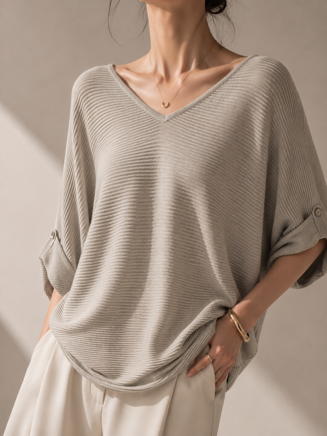13298 Varin V-Neck Horizontal Ribbed Cooling Knit Top (B FS; L 50cm)