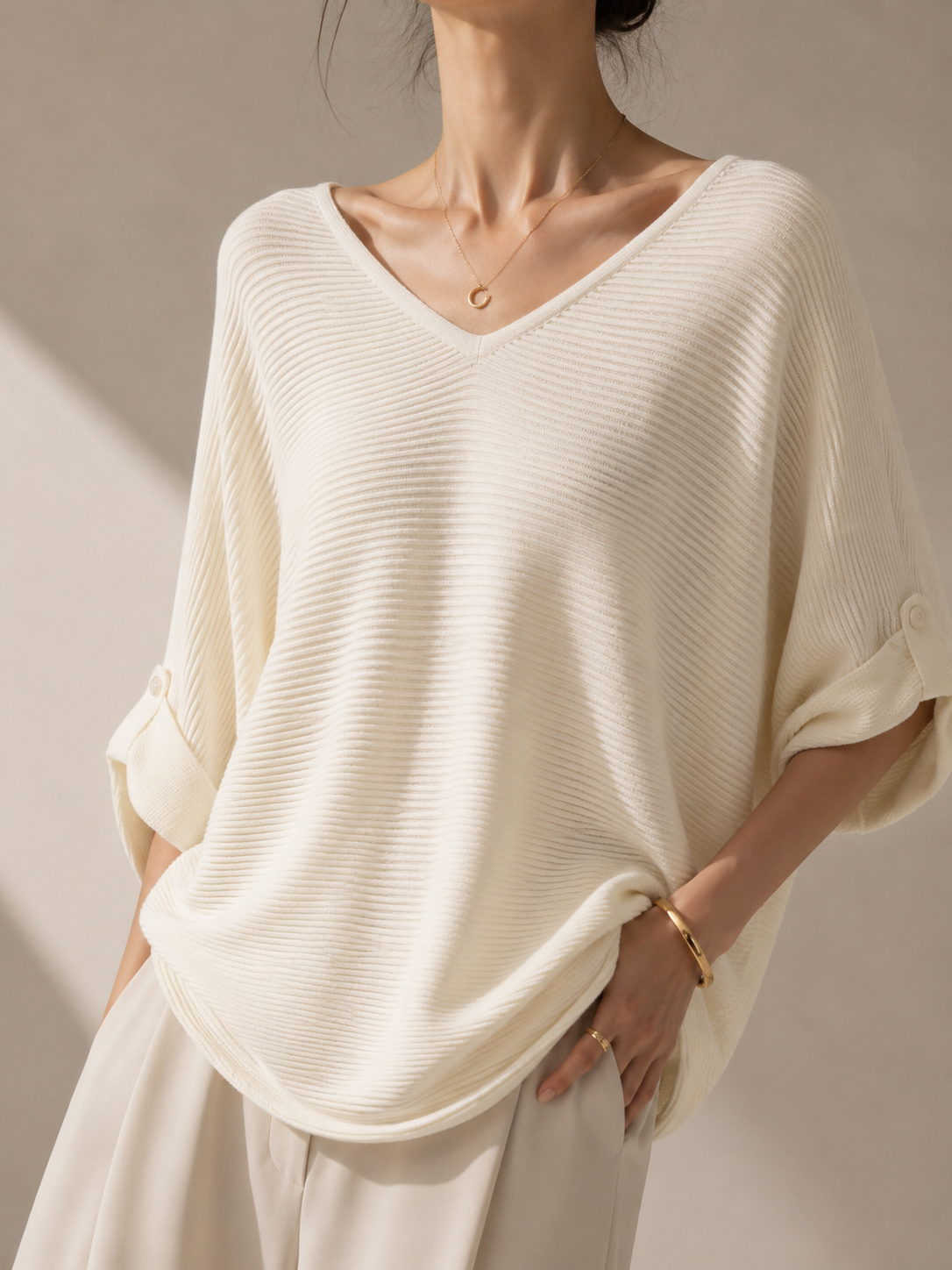 13298 Varin V-Neck Horizontal Ribbed Cooling Knit Top (B FS; L 50cm)