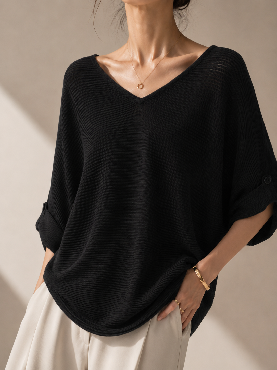 13298 Varin V-Neck Horizontal Ribbed Cooling Knit Top (B FS; L 50cm)