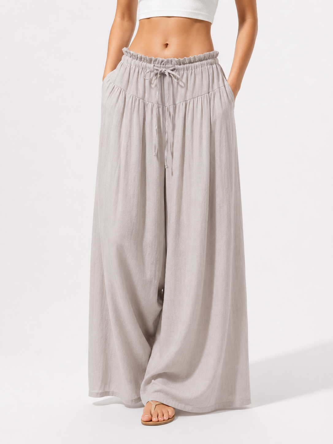 3663 Lanetta Elastic Tie-Waist Linen Pants (UW 31-45cm; H 50-55cm; L 92cm)