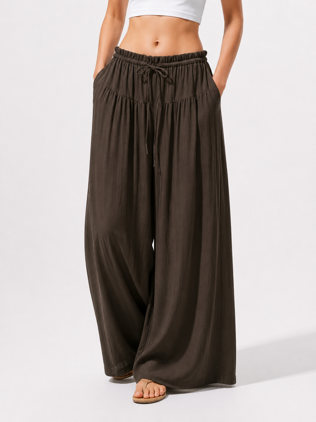 3663 Lanetta Elastic Tie-Waist Linen Pants (UW 31-45cm; H 50-55cm; L 92cm)