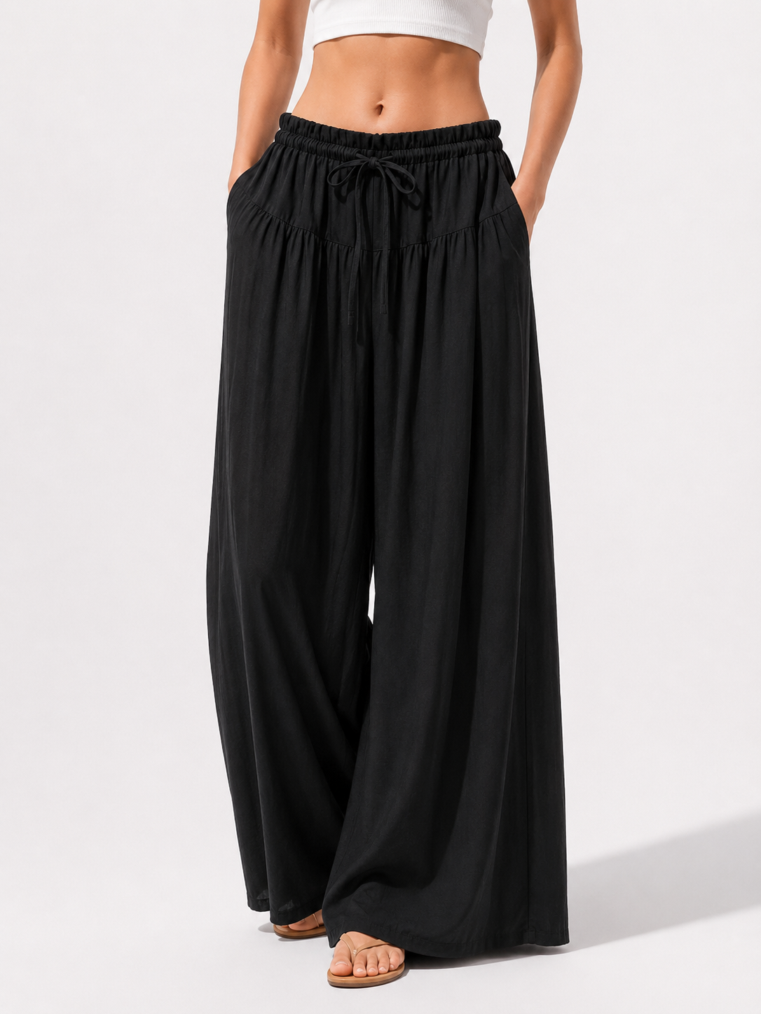 3663 Lanetta Elastic Tie-Waist Linen Pants (UW 31-45cm; H 50-55cm; L 92cm)