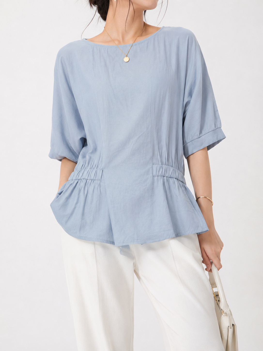 2560 Ervinne Short Sleeve Elastic Waist Cuff Blouse (B FS; UW 40-50cm; L 54cm)
