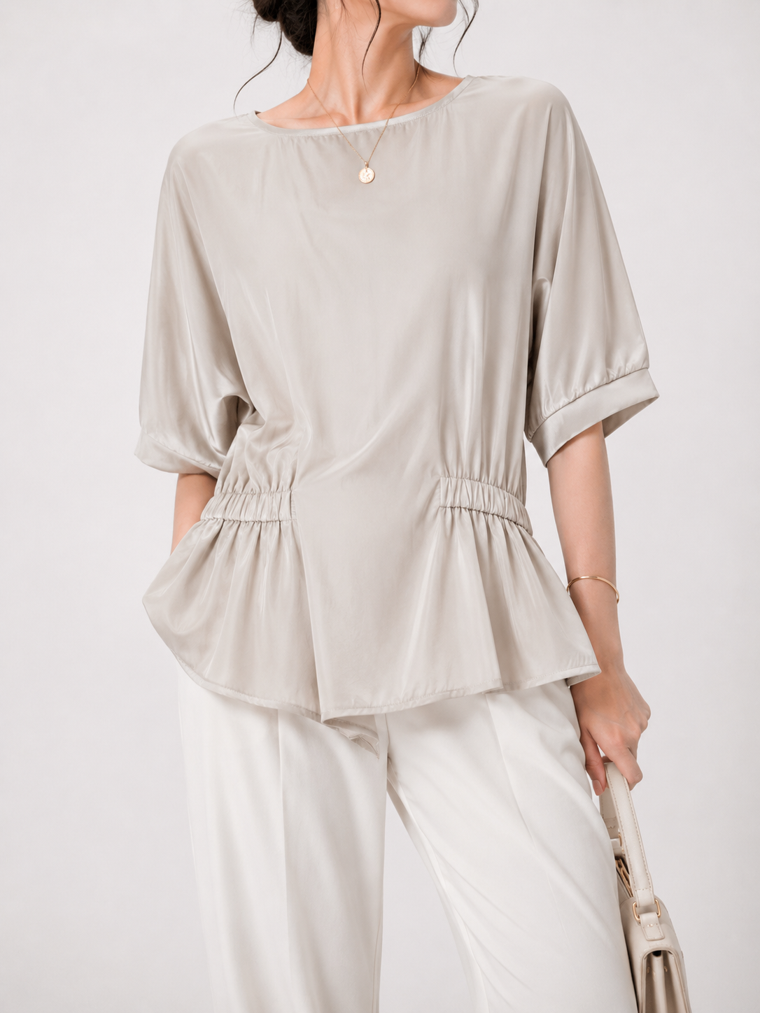 2560 Ervinne Short Sleeve Elastic Waist Cuff Blouse (B FS; UW 40-50cm; L 54cm)
