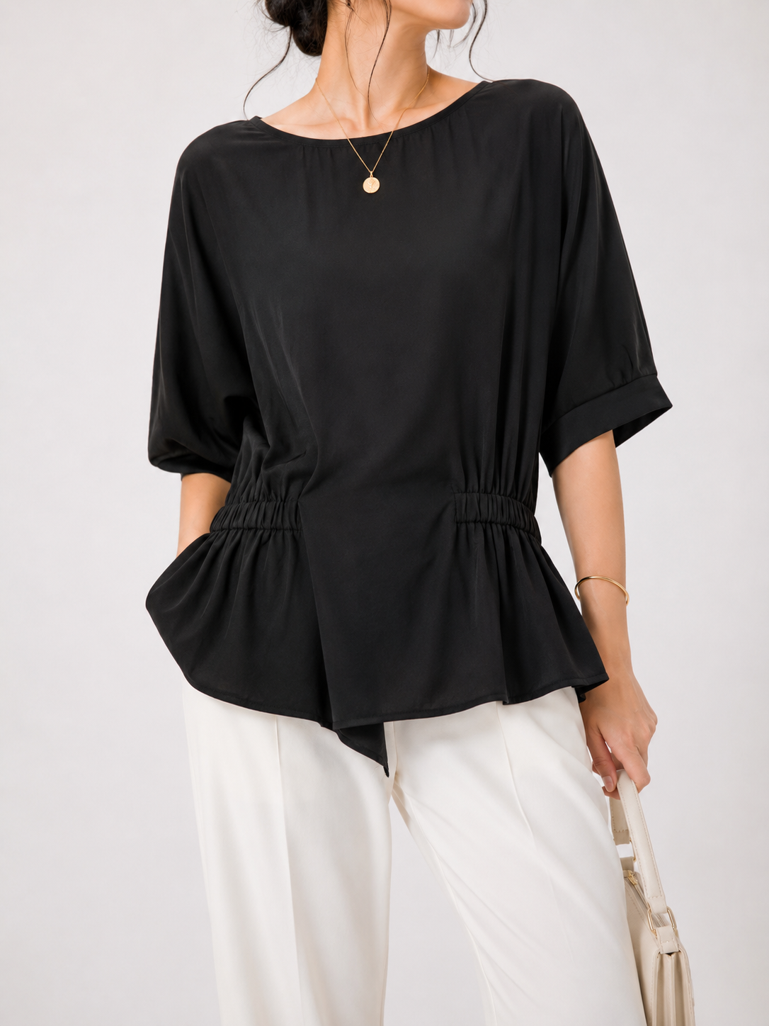 2560 Ervinne Short Sleeve Elastic Waist Cuff Blouse (B FS; UW 40-50cm; L 54cm)