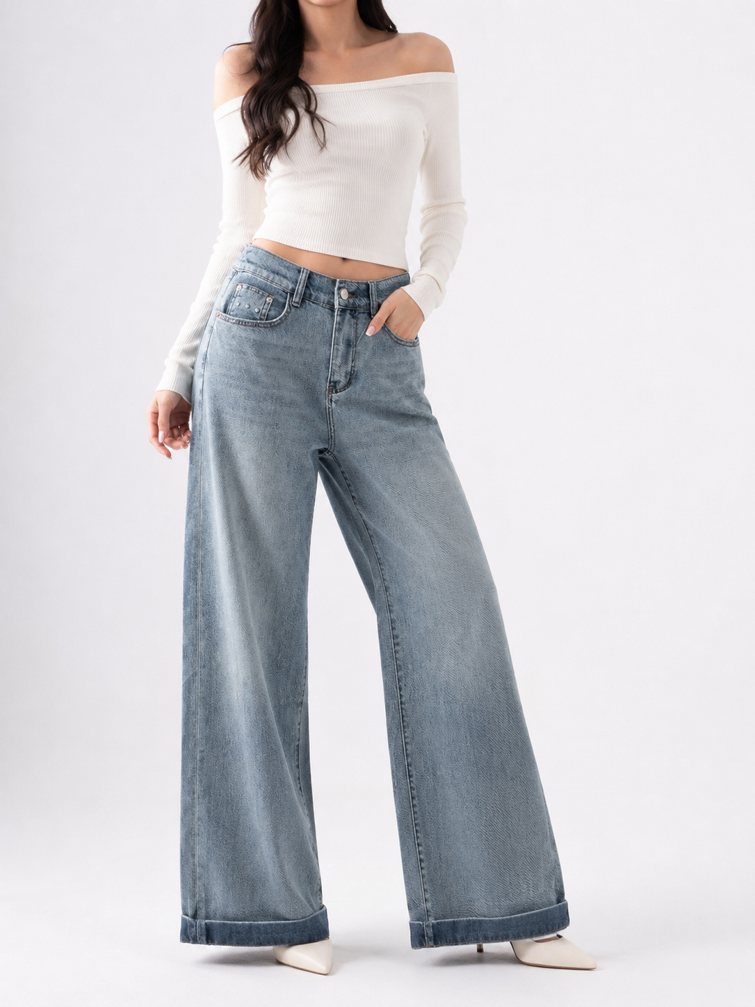 VV939 Devyn Half Elastic Waist Stretchable Denim Pants (Size 30: UW 36-45cm; H 50-60cm, Size 32: UW 37-46cm; H 52-62cm, Size 34: UW 39-48cm; H 54-64cm, Size 36: UW 42-52cm; H 56-66cm; L 88~90cm)