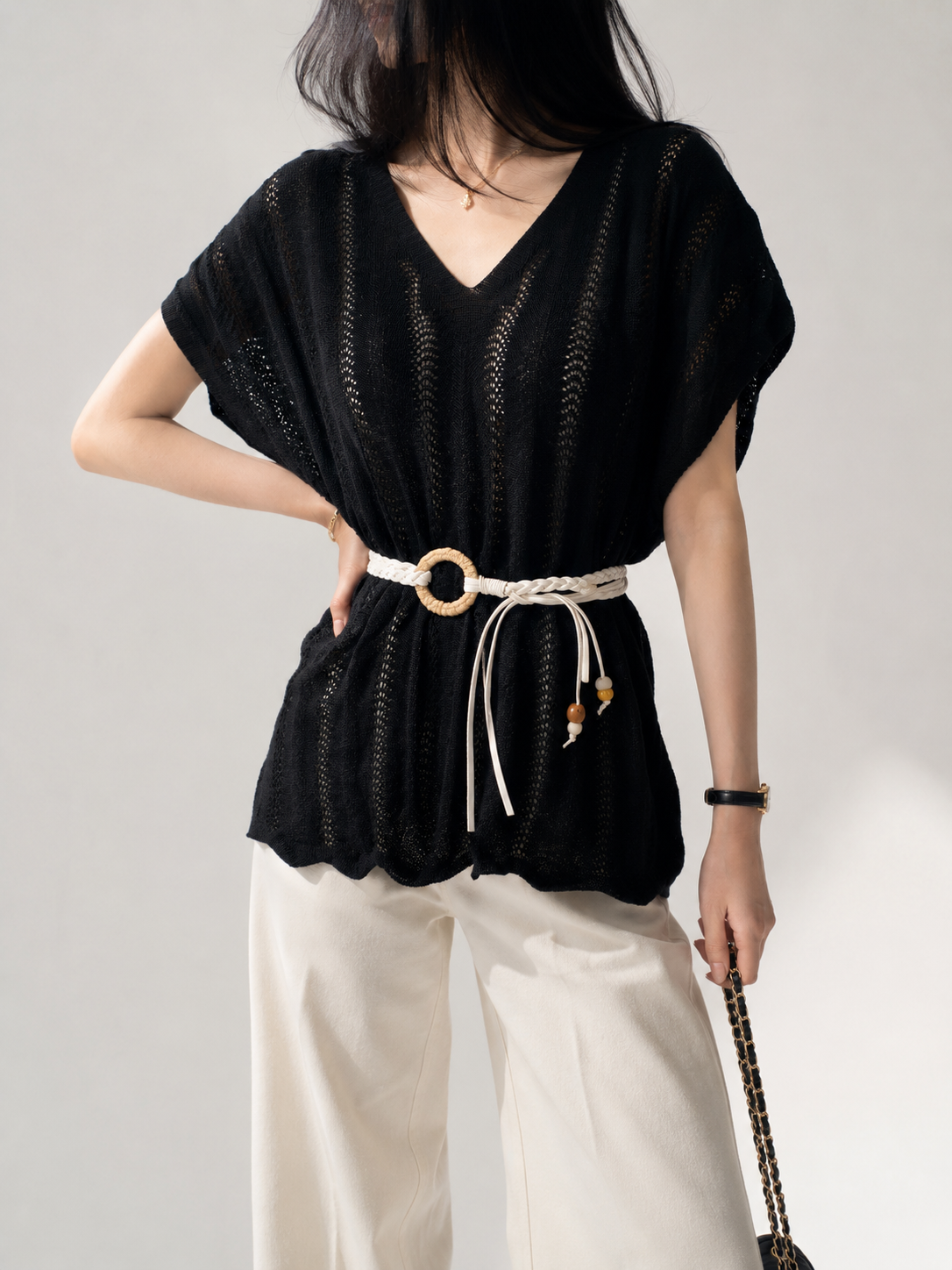 3072 Vania V-Neck Cap Sleeve Crochet Top w Belt (B 50-55cm; L 57cm)