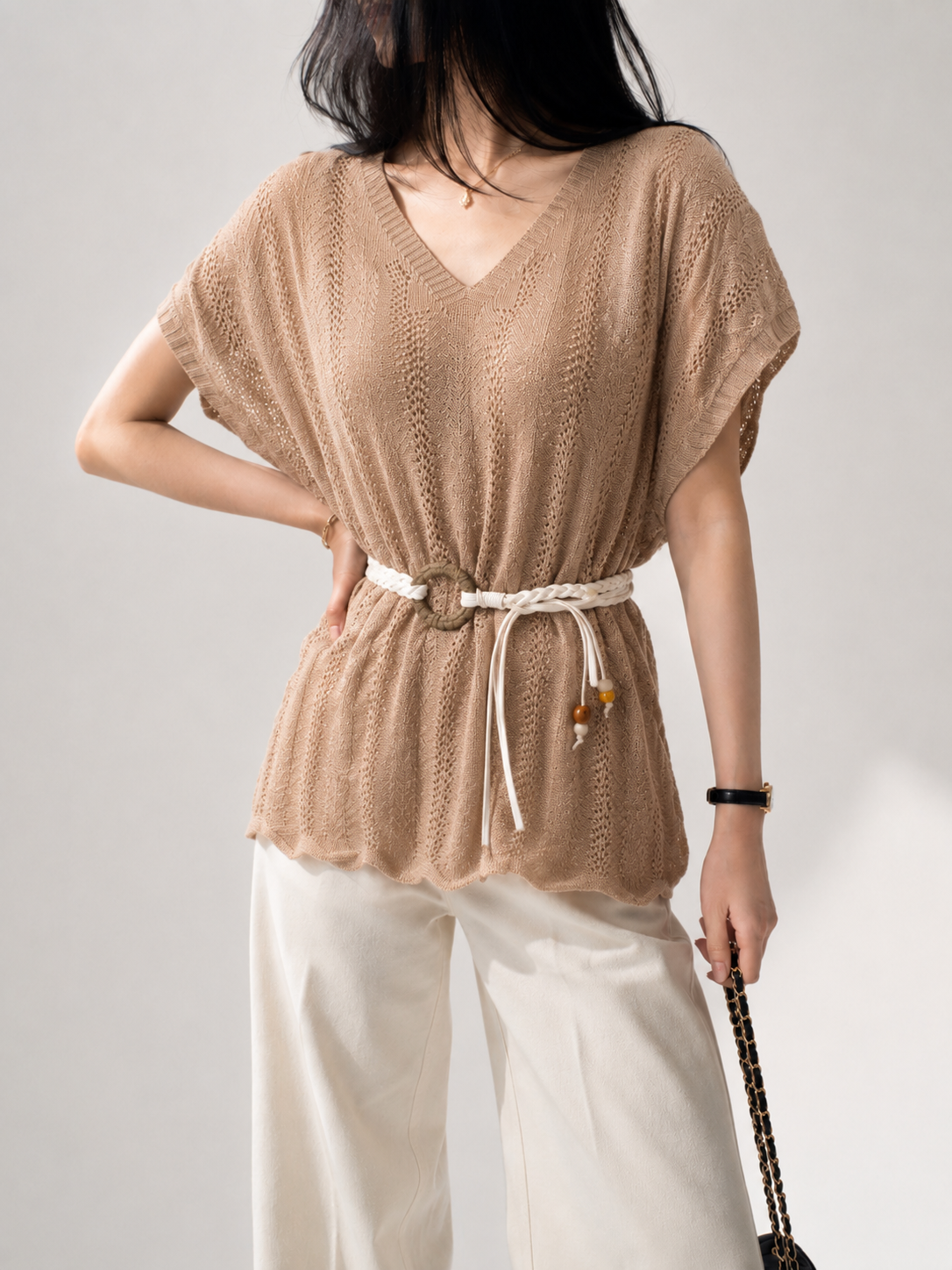3072 Vania V-Neck Cap Sleeve Crochet Top w Belt (B 50-55cm; L 57cm)