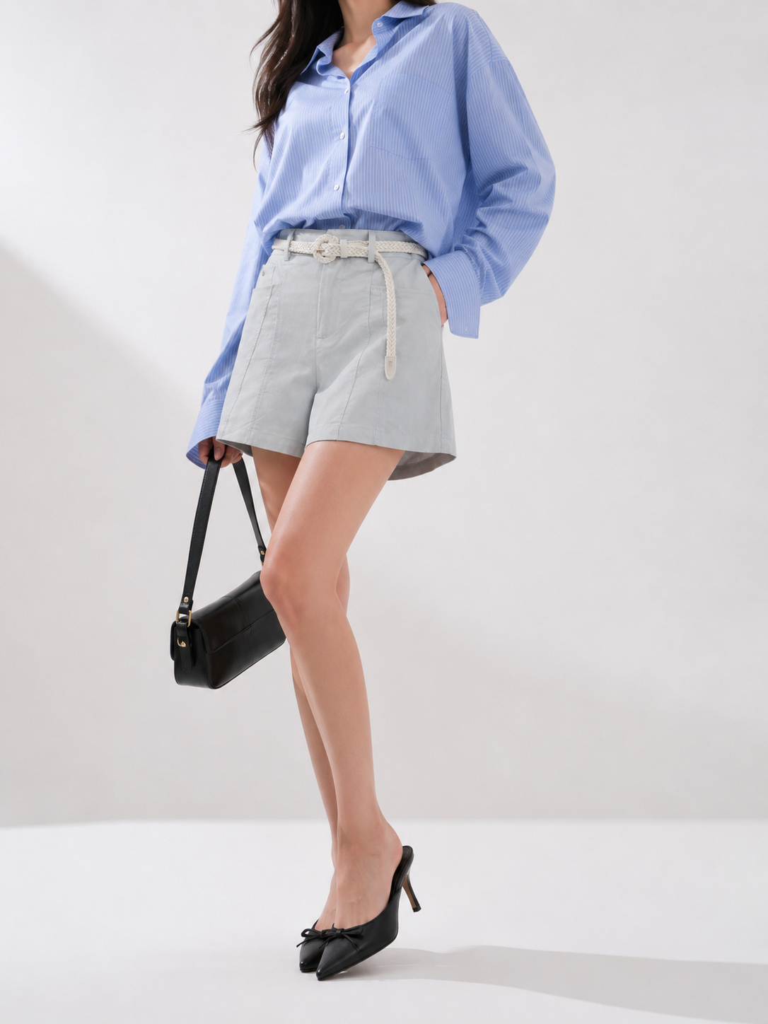 Y1002 Lauryn Front Zipper Linen Shorts w Belt (L Size: UW 35-41cm; H 48-55cm; L 101cm, XL Size: UW 37-43cm; H 49-56cm; L 101cm)