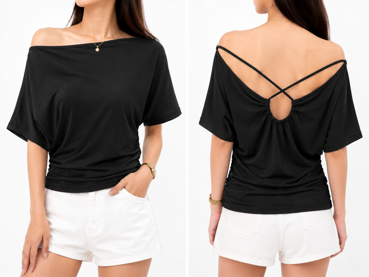 9008 Orana Off Shoulder Back Crisscross Strap Cotton Top (B 39-50cm; L 51cm)