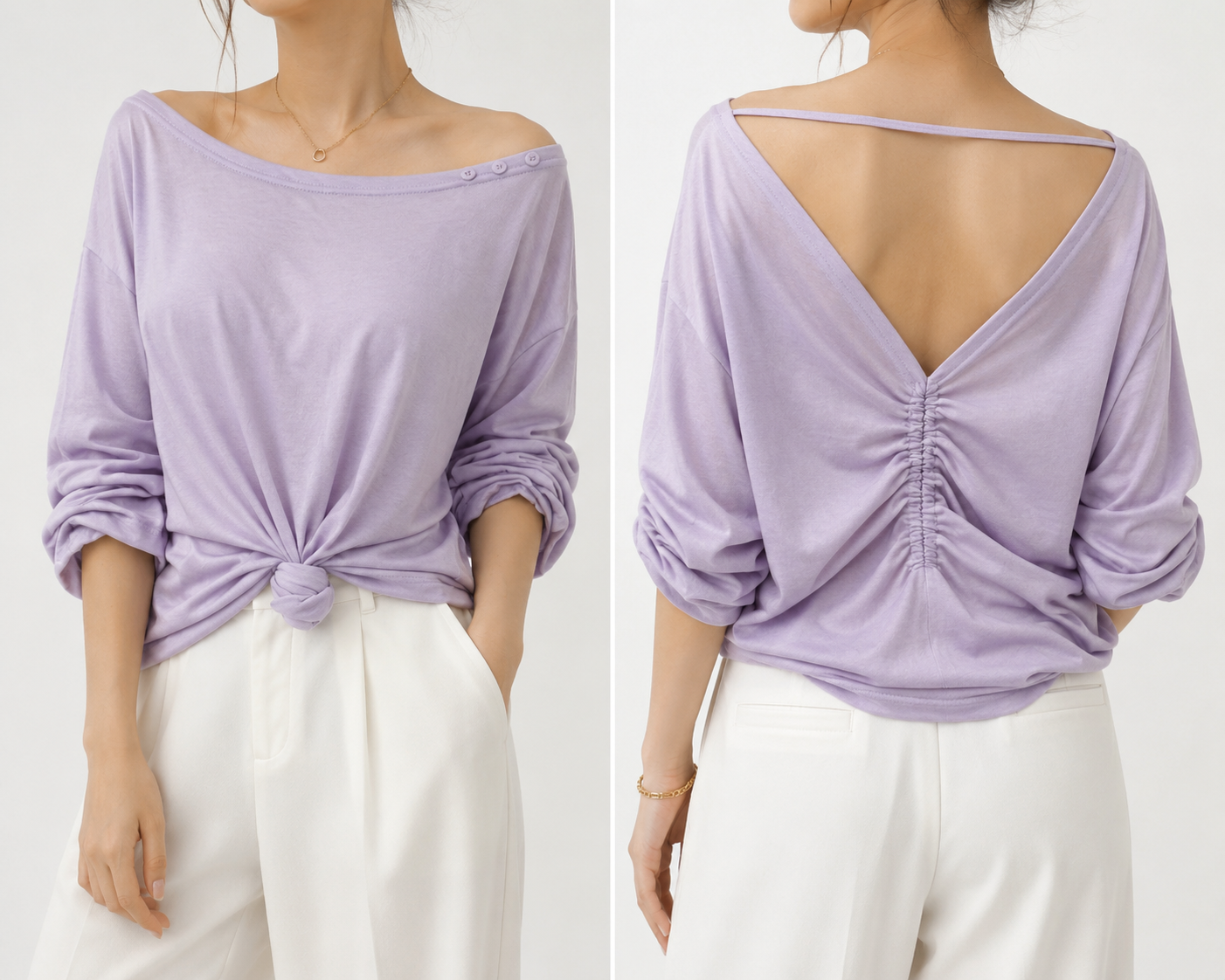 8566 Vera Deep Back V-Cuts Long Sleeve Cotton Top (B 56-58cm; L 60cm)