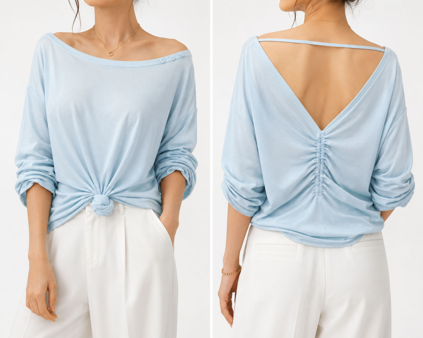8566 Vera Deep Back V-Cuts Long Sleeve Cotton Top (B 56-58cm; L 60cm)