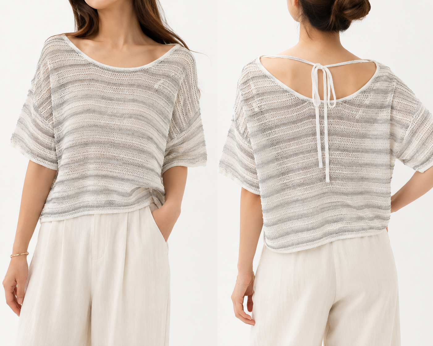 8601 Bobbi Striped Back Tie Cropped Crochet Top (B 55-60cm; L 42cm)