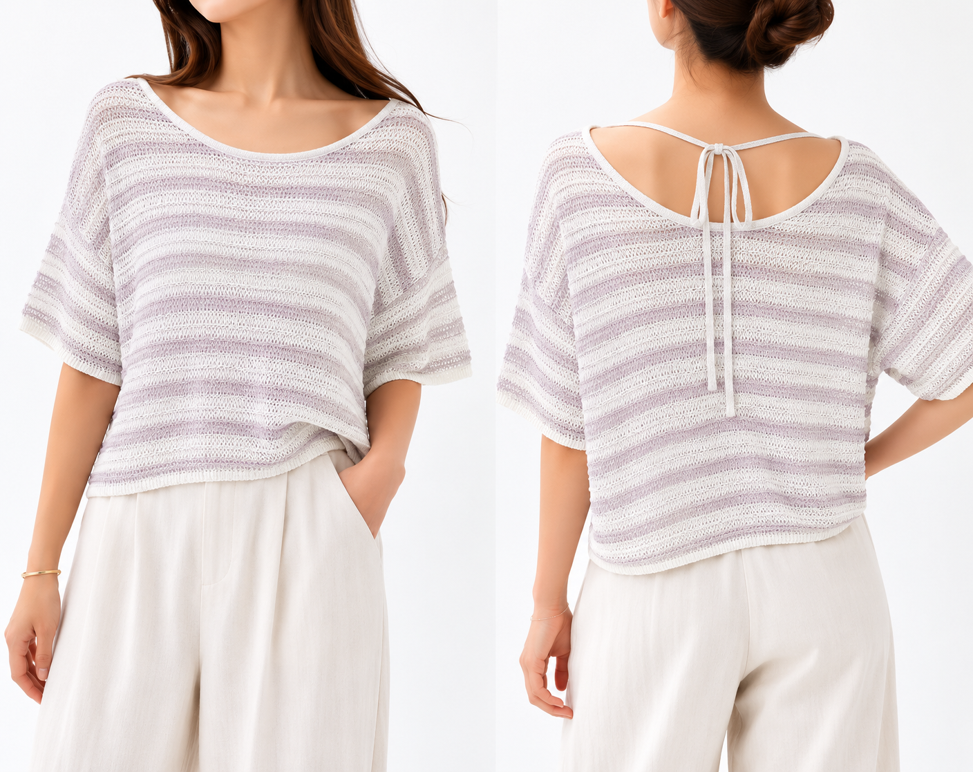 8601 Bobbi Striped Back Tie Cropped Crochet Top (B 55-60cm; L 42cm)