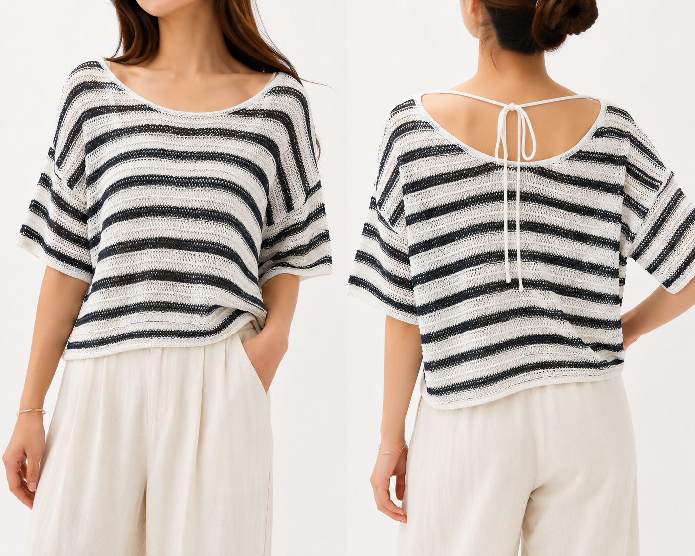 8601 Bobbi Striped Back Tie Cropped Crochet Top (B 55-60cm; L 42cm)